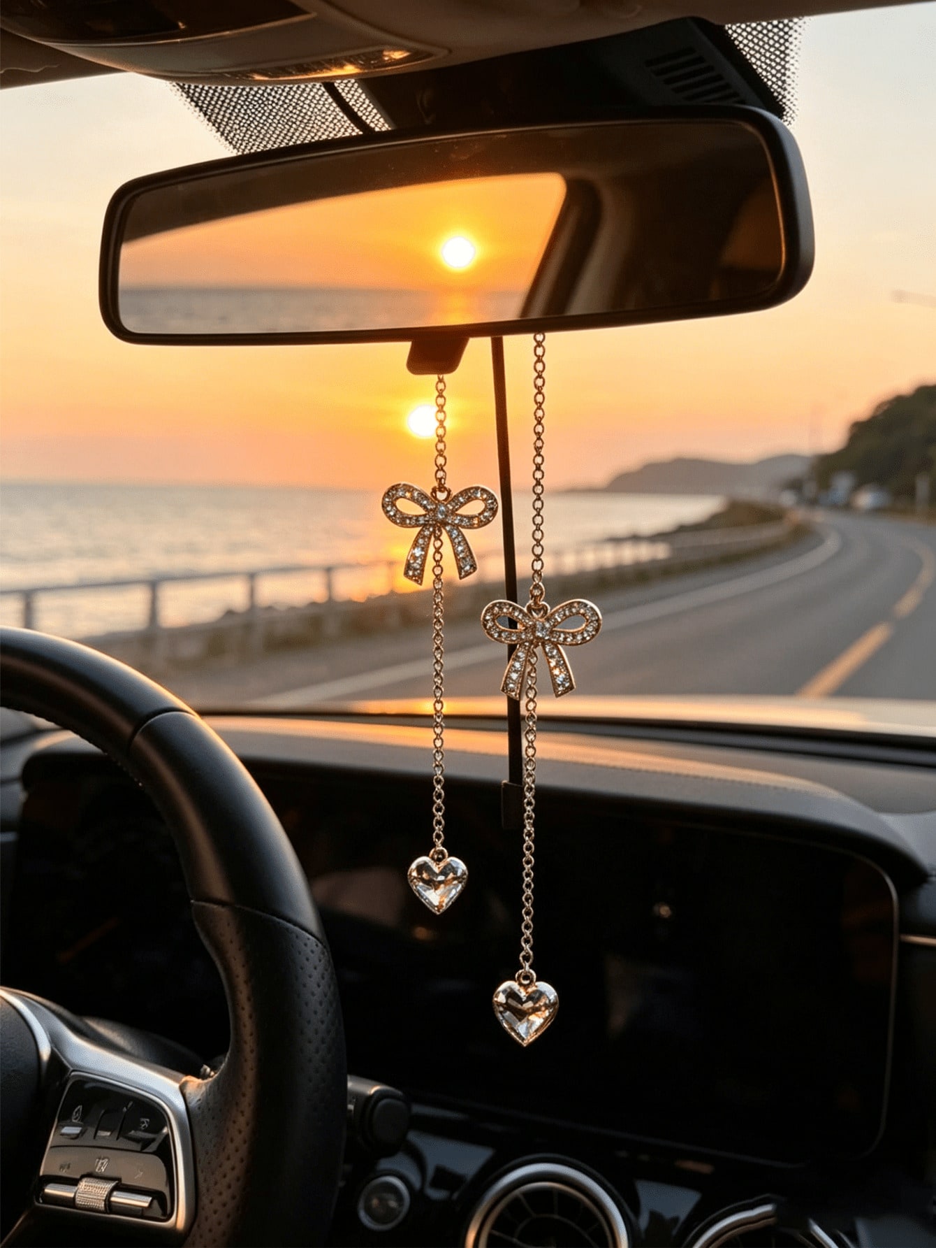 Car Accessories Evil Eye - 골드 체인 라인스톤 하트 리본 자동차